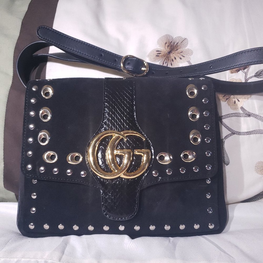 Gucci Black Suede Black Python Studded Medium Arli Flap Shoulder Bag